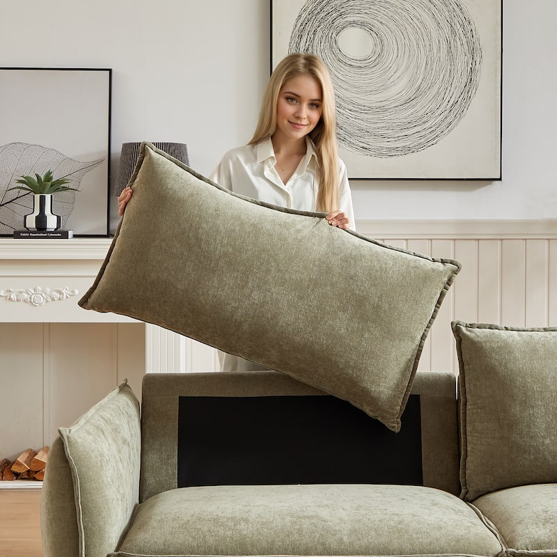 Stylish Chenille Upholstered Sofa Bed, 3-Seater Couch with Chaise and Ottoman Bench