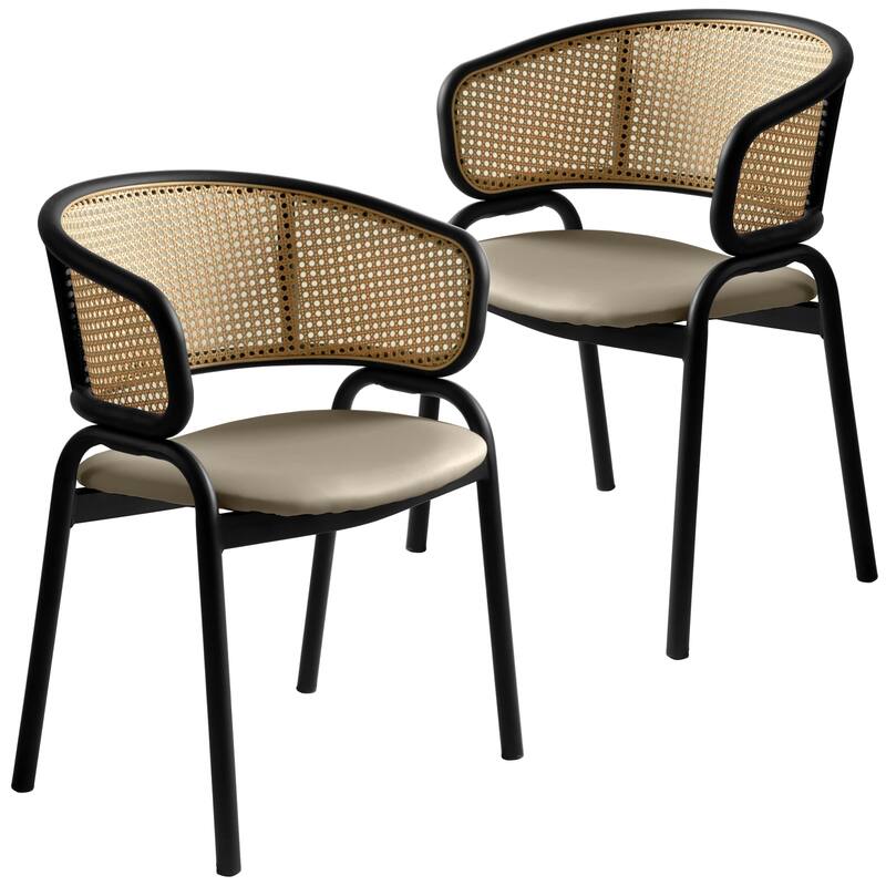 LeisureMod Set of 2 Modern Leather Dining Chair with Wicker Back & Black Steel Frame - Accent Side Armchair for Home Furniture - Taupe