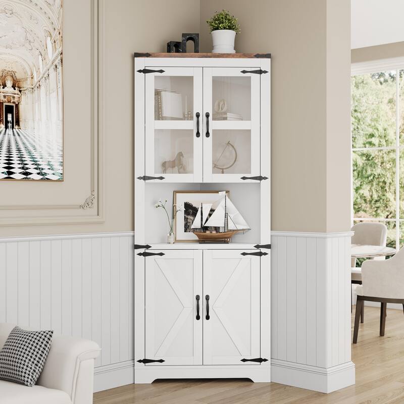 Tall Corner Cabinet, Farmhouse Corner Storage Cabinet with Glass Door & Adjustable Shelves, Space Saving Storage - Grey
