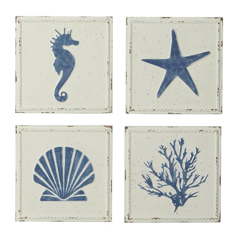 Metal Sail Boat or Sea Horse Speckled Home Wall Decor with Various Marine Life Designs - Set of 4 Cream - Roche River Decor
