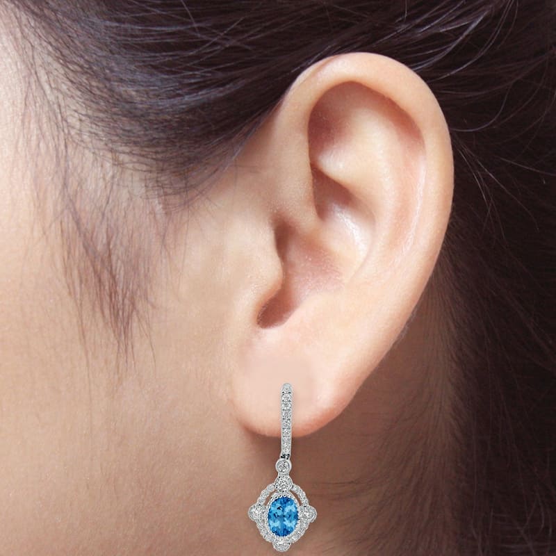 Auriya 1 3/4ct Fancy Oval-cut Blue Topaz Halo Diamond Dangle Earrings 7/8ctw 18k Gold