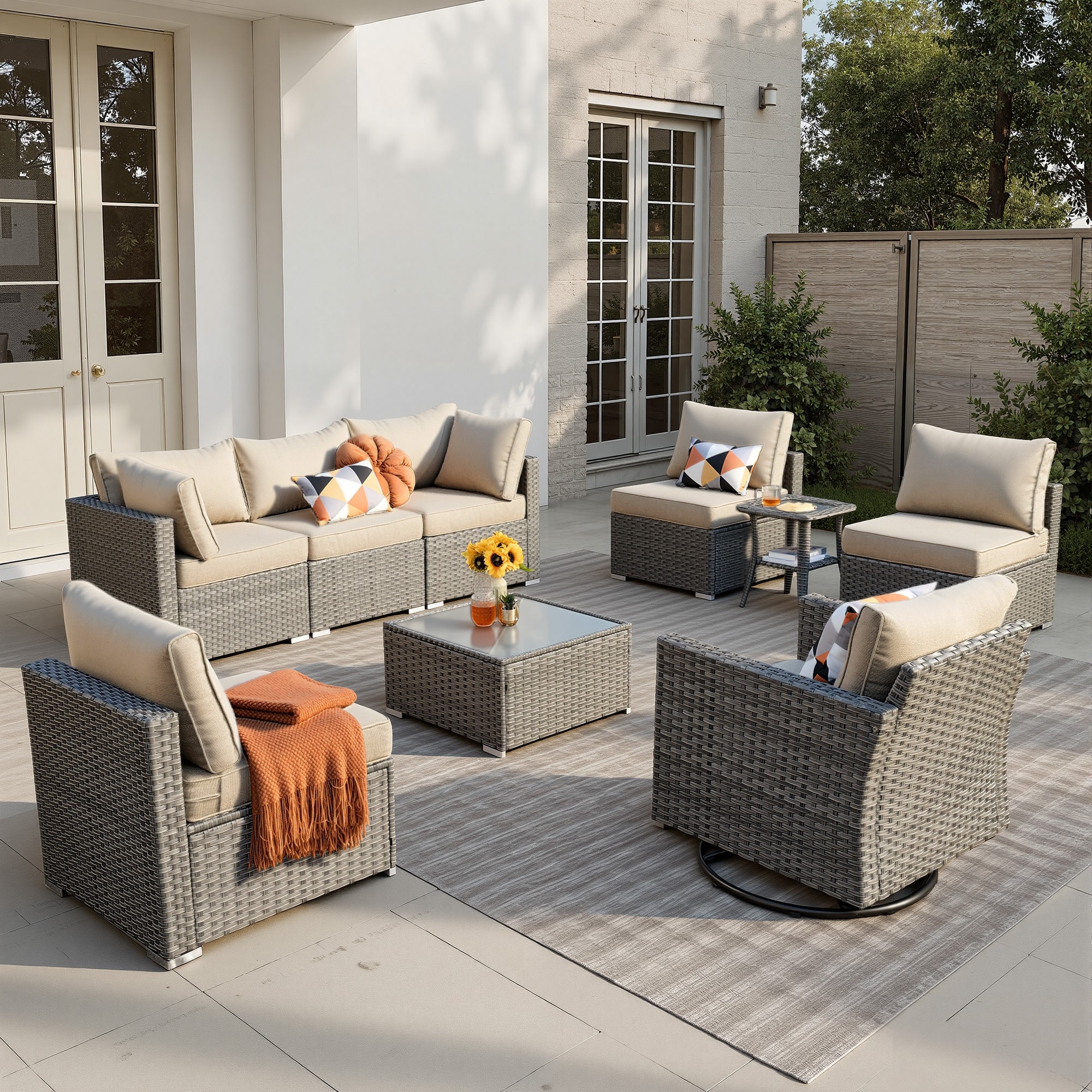 HOOOWOOO 9-piece Grey Wicker Patio Outdoor Sectional Set with Swivel Rocking Chair