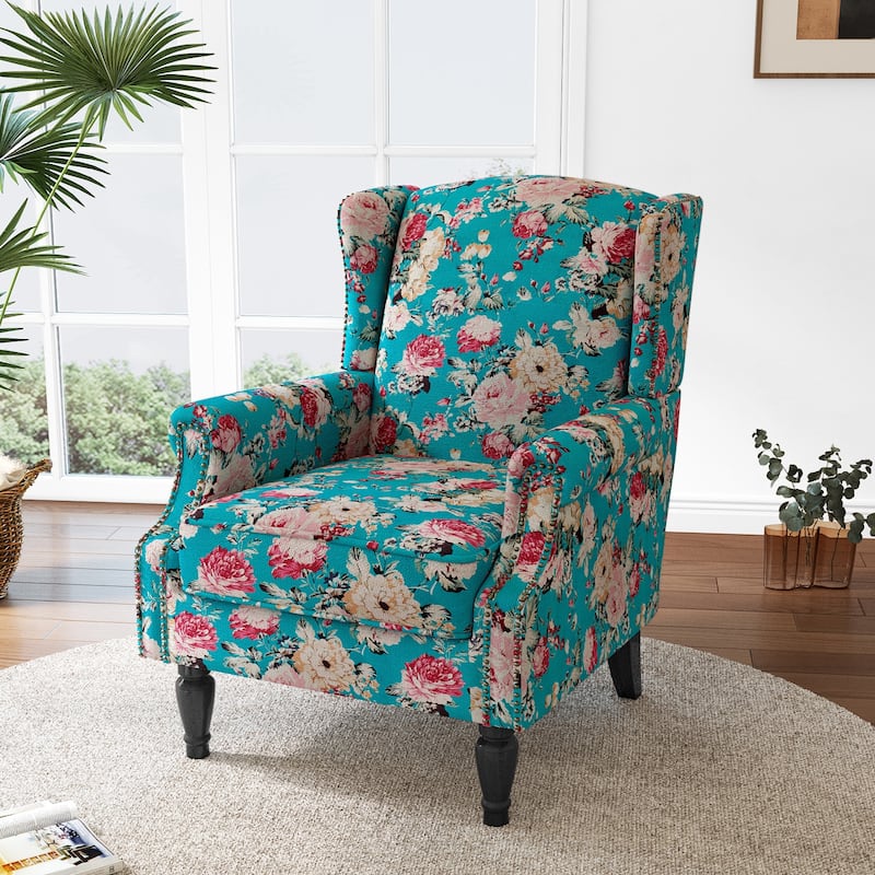 Mid-Century Modern Linen/ Vegan Leather Wing Back Accent Chair