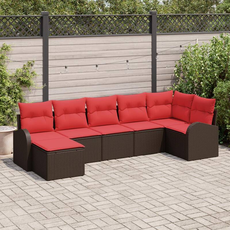 vidaXL 7/8 Garden Sofa Set with Cushions Black/Brown/Grey Poly Rattan - 113.8 x 48.8 x 27.2 - Brown without table