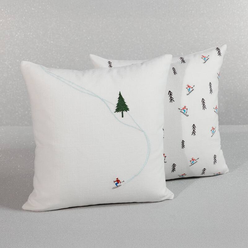 Ski Mountain Winter Scene Cotton Embroidered Throw Pillow, 16" x 16"