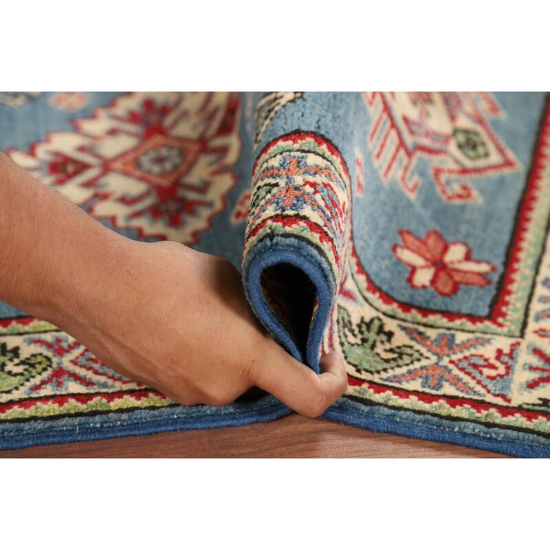 Hand Knotted Oriental 100% Wool Carpet Traditional Geometric Navy Blue & Blues Kazak Area Rug - 3' 3'' X 1' 11''