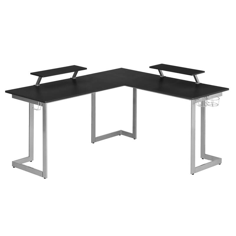 Techni Sport L-Shaped Gaming Desk with Dual Monitor Stands, Carbon Fiber Surface with Retractable Cup Holder, Black