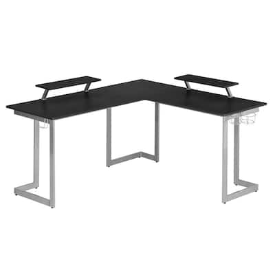 Techni Sport L-Shaped Gaming Desk with Dual Monitor Stands, Carbon Fiber Surface with Retractable Cup Holder, Black