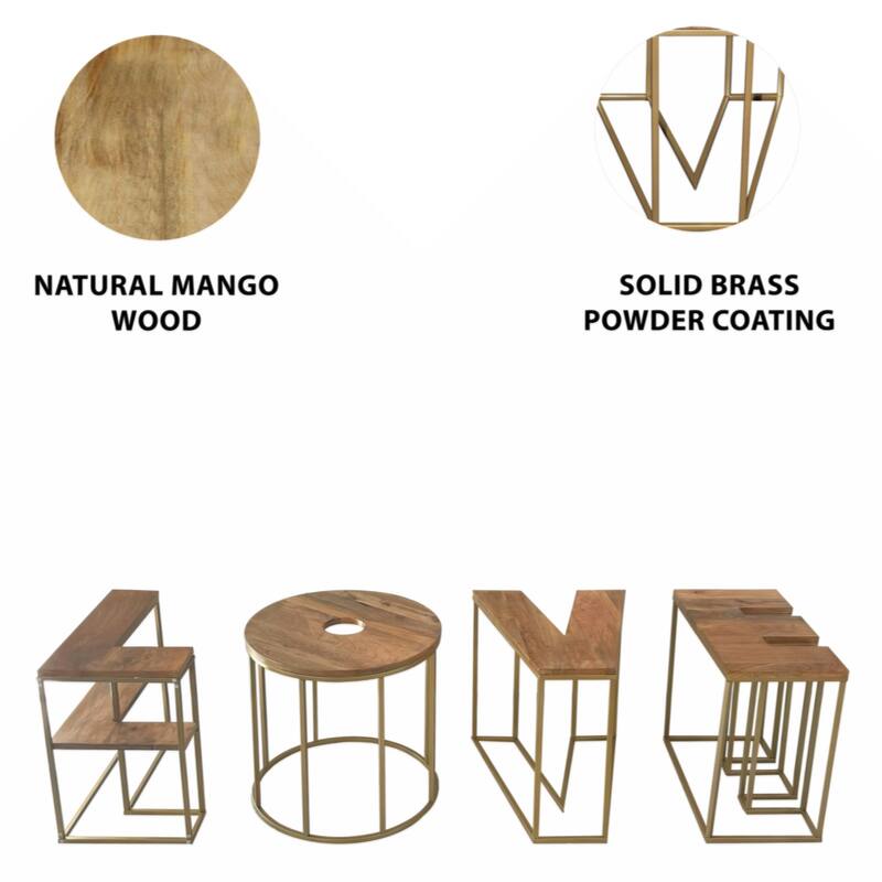 Alphabet Design 4pc Coffee Table Set, Brown Mango Wood Top, Antique ...