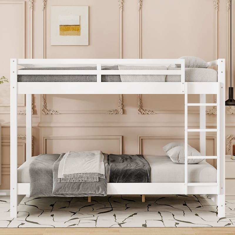 Modern Queen Size Bunk Bed with Ladder and Guardrail, Wood Kids Teens Bed Frame with Trundle Optional