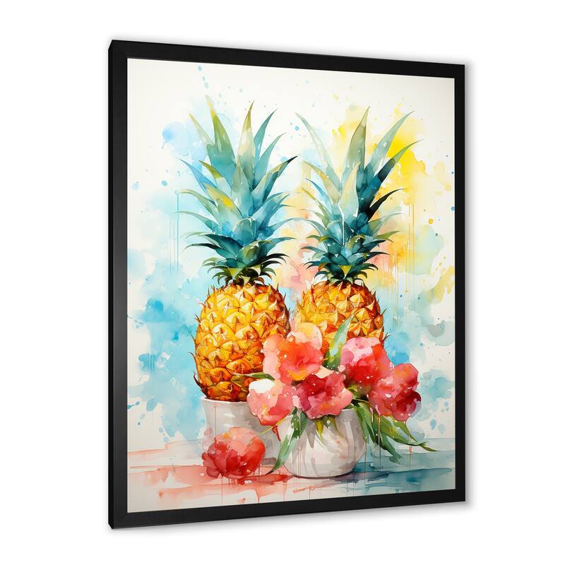 Designart "Aquarel Pineapple Painting" Pineapples Wall Decor Green - Traditional Living Room Framed Canvas Art
