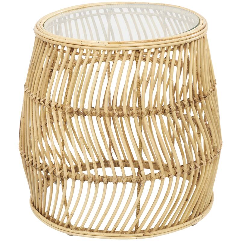 Rattan Handmade Wavy Woven Accent Table with Glass Top - Brown - Roche River Decor - Brown