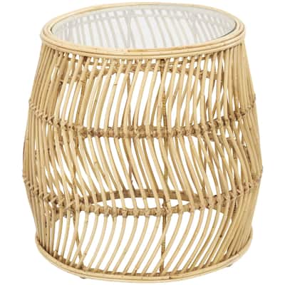 Rattan Handmade Wavy Woven Accent Table with Glass Top - Brown - Roche River Decor