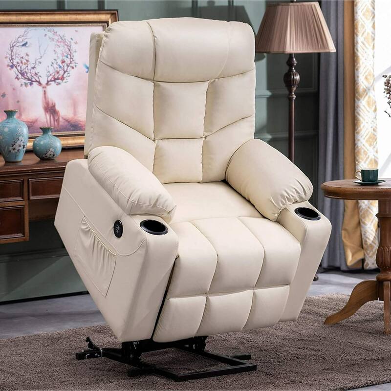 MCombo Electric Power Lift Recliner Chair Sofa for Elderly, 2 Side Pockets and Cup Holders, Faux Leather 7288