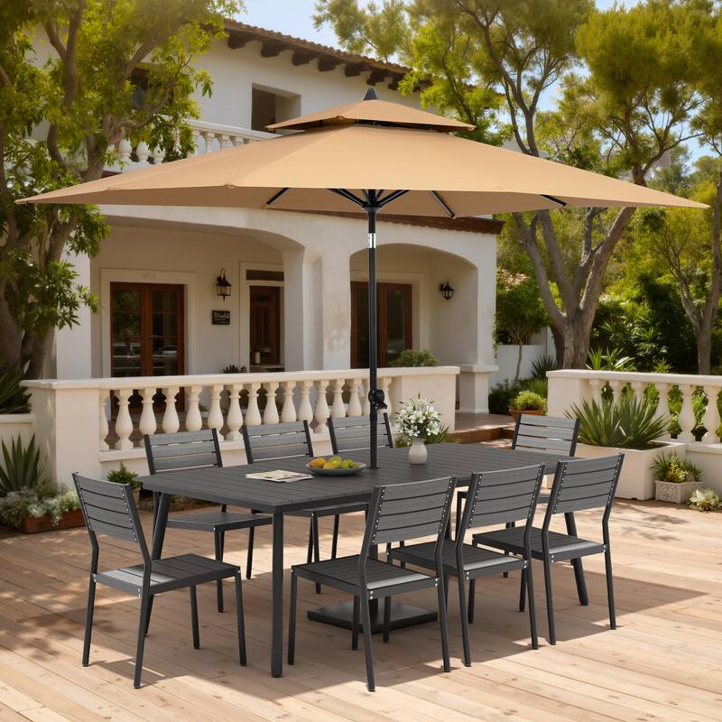 11PC Outdoor Patio Dining Set Aluminum Table with Stackable Chairs w/ Market Umbrella Set - GreyTable&GreyChairs&TanUmbrella