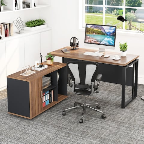 L-Shaped Computer Desk 55 Executive Desk with 39 File Cabinet Storage Two pieces