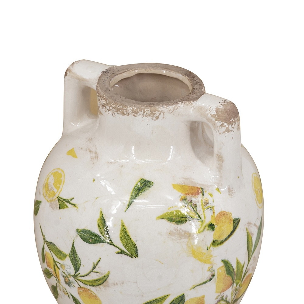 6.7x6.7x8.7" White Ceramic Vase with Yellow Lemon Motif and Small Handles
