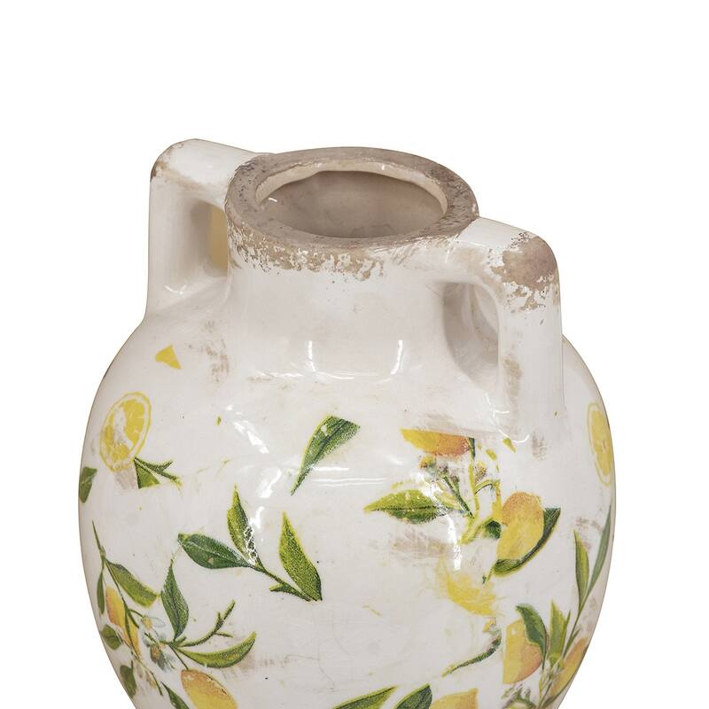 6.7x6.7x8.7" White Ceramic Vase with Yellow Lemon Motif and Small Handles - Multicolor
