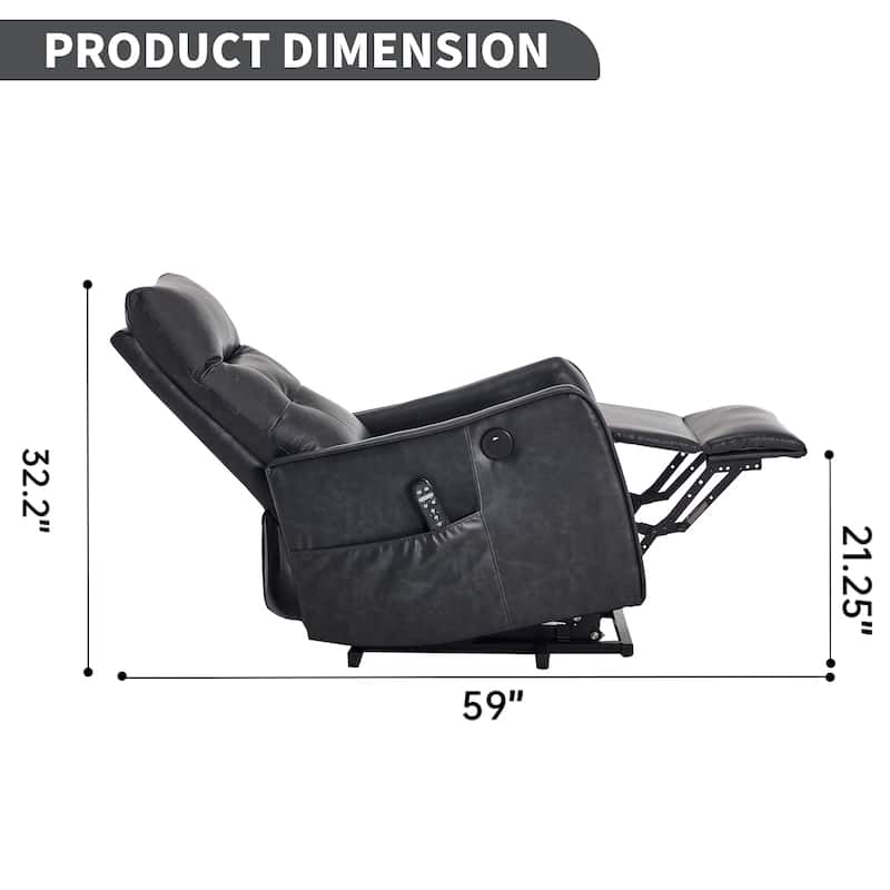 PU Leather Recliner with Single Motor Lift Massage Heat and 155 Degree Recline