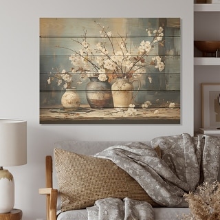 Designart "Pottery And Flowers Still Life I" Trees Wood Wall Decor - Traditional Brown Wood Panel On Natural Pine Wood
