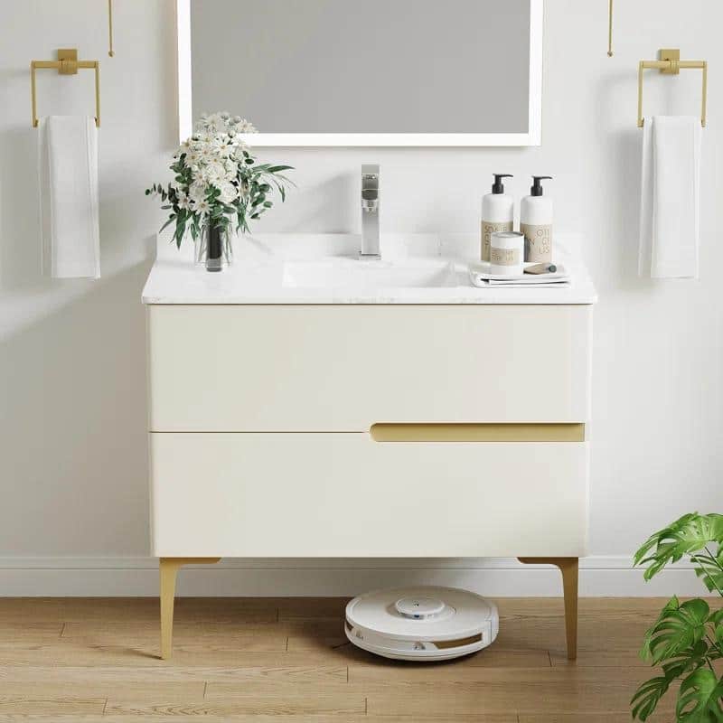 Modern Bathroom Vanity Ceramics Single Sink Freestanding With 2 Drawers