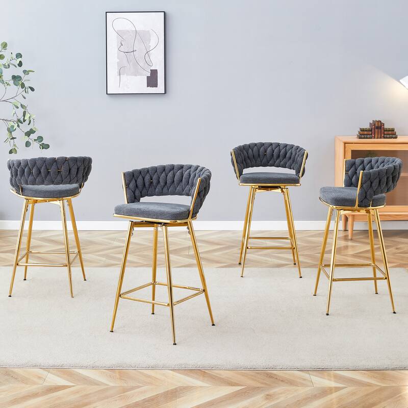 Set of 4 Swivel Bar Stools with Black Linen-Cotton Seat & Golden Metal Legs for Restaurants & Bars