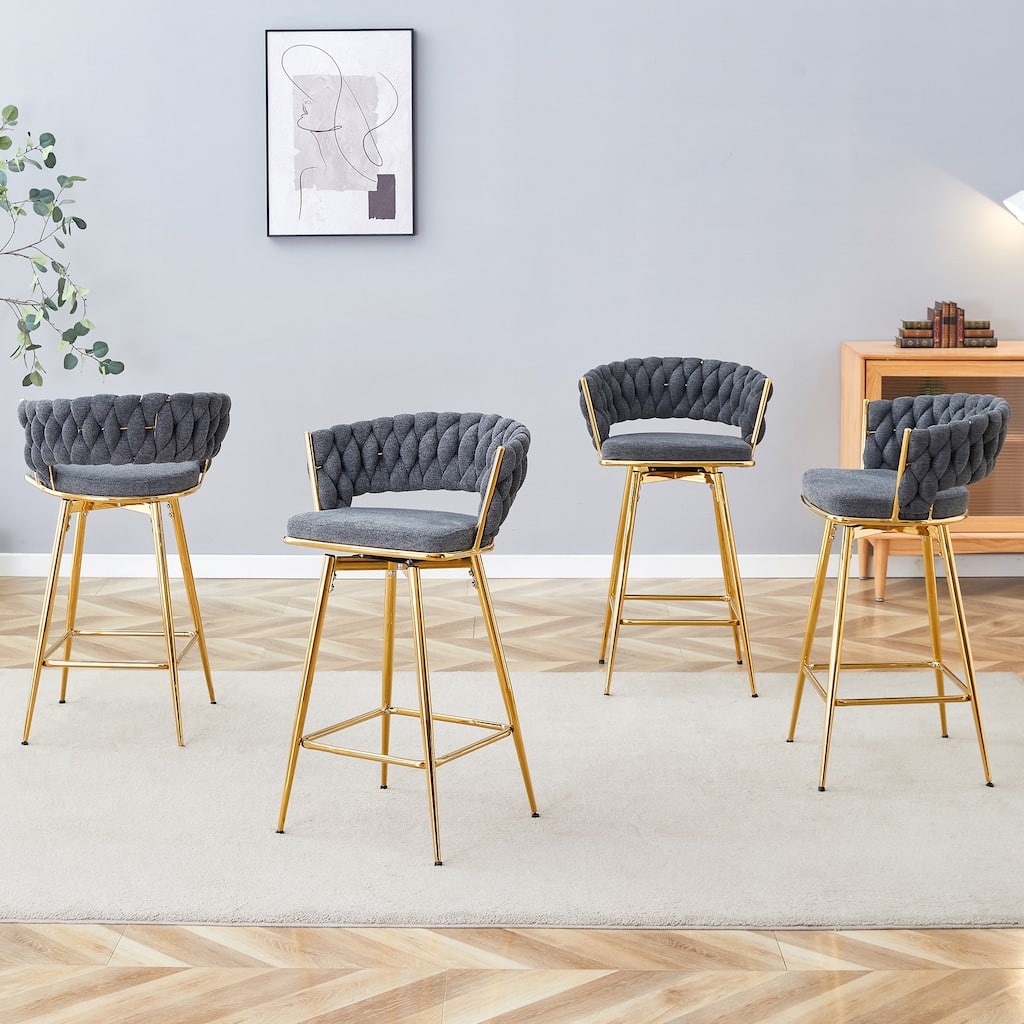 Swivel bar stools with breathable cotton and linen soft cushions, electroplated metal frames for restaurant,set of 4