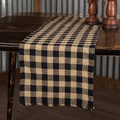 Burlap Black Check Fringed Runner