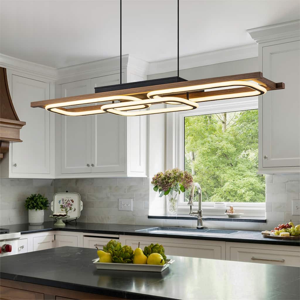 3-Light 43 in. Integrated LED Linear Chandelier Wood Kitchen Island Pendant - 43.3''W