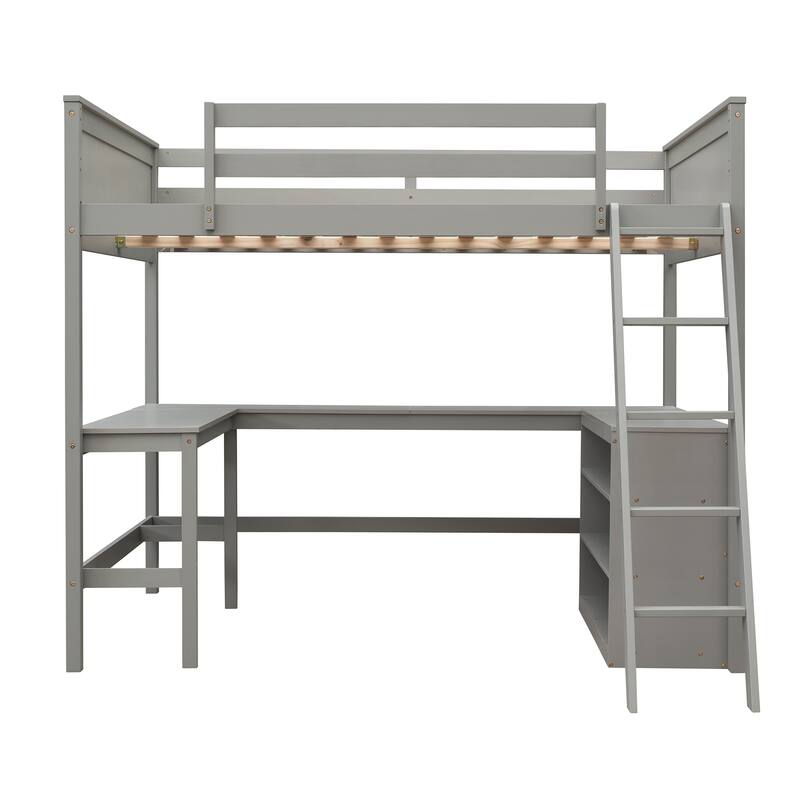 Space-Saving Full Size Loft Bed with Shelves and Desk in Gray