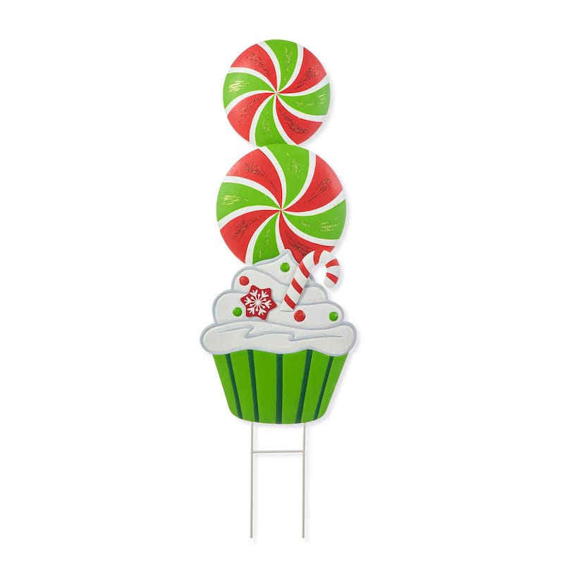 Glitzhome Christmas Metal Dancing Elf Cupcake Candy Cane Yard Stake Wall Decor
