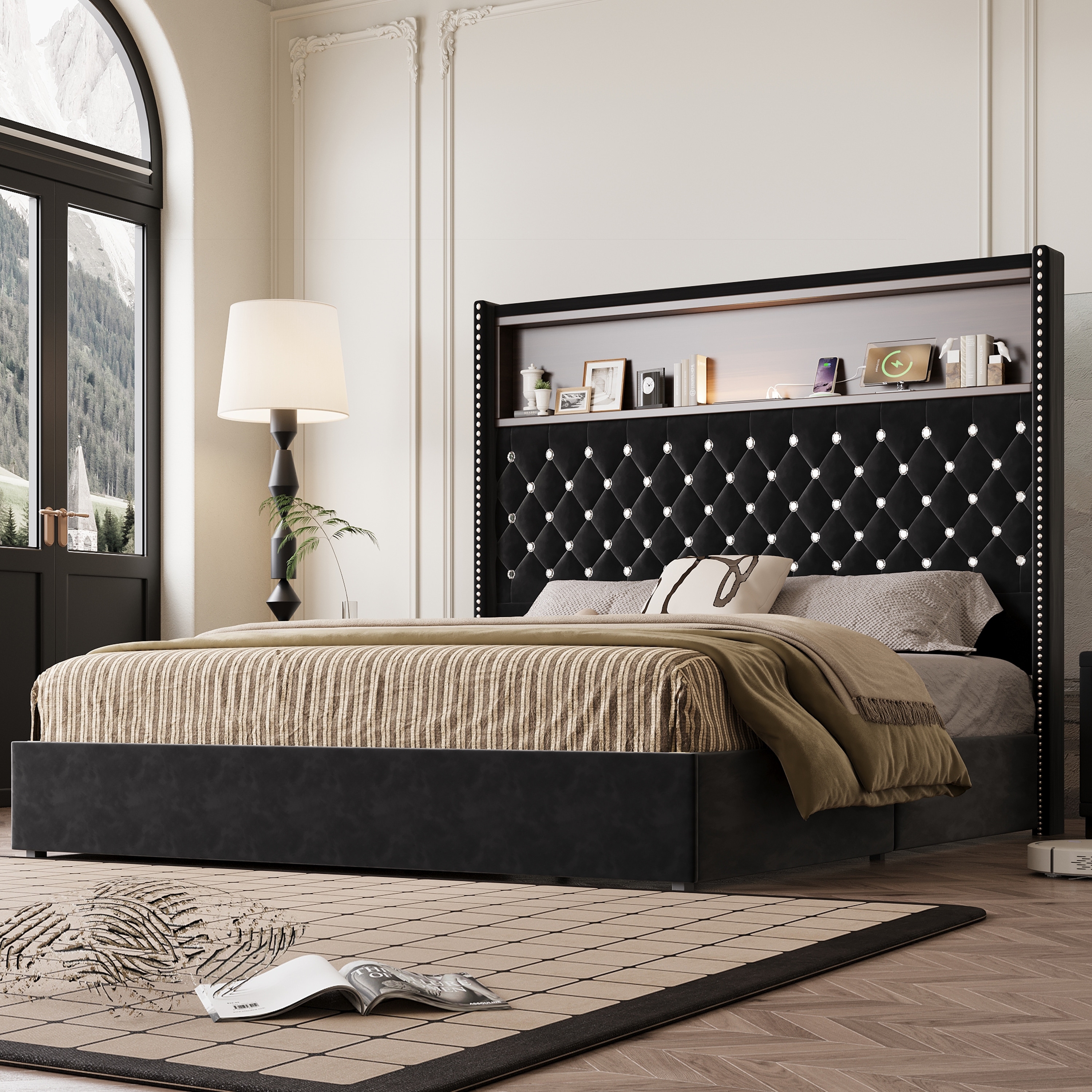 Queen Size Bed Frame with USB Port,52"H Headboard with Rivet Decoration,Wing-back Platform Bed with Headboard Shelf