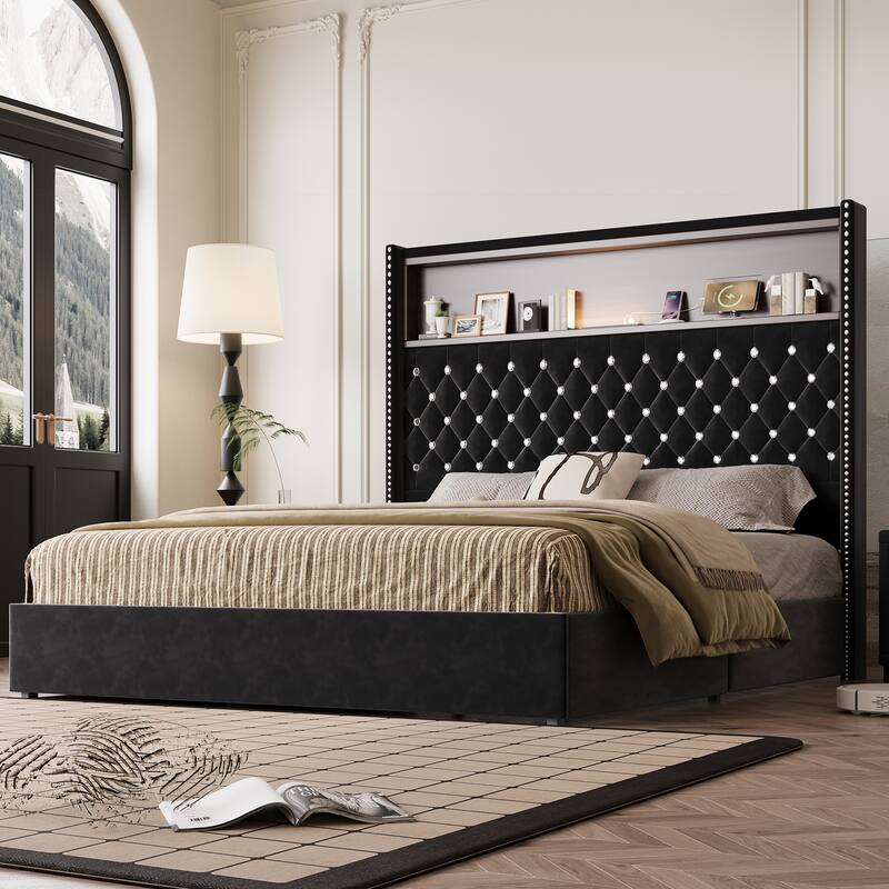 Velvet Tufted Wingback Bed Frame with Rivet Decoration Headboard Built-in Shelf USB Port and Night Light, Soft Platform Bed