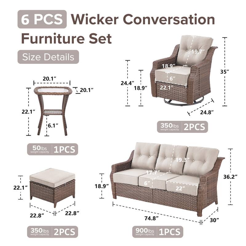 Gymojoy 6-Piece Wicker Patio Furniture Set, 6-Inch Ultra Thick Cushioned 360° Swivel Glider Chairs & Multifunctional Ottomans