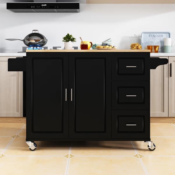 Mobile Kitchen Island with Extensible Rubber Wood Table Top