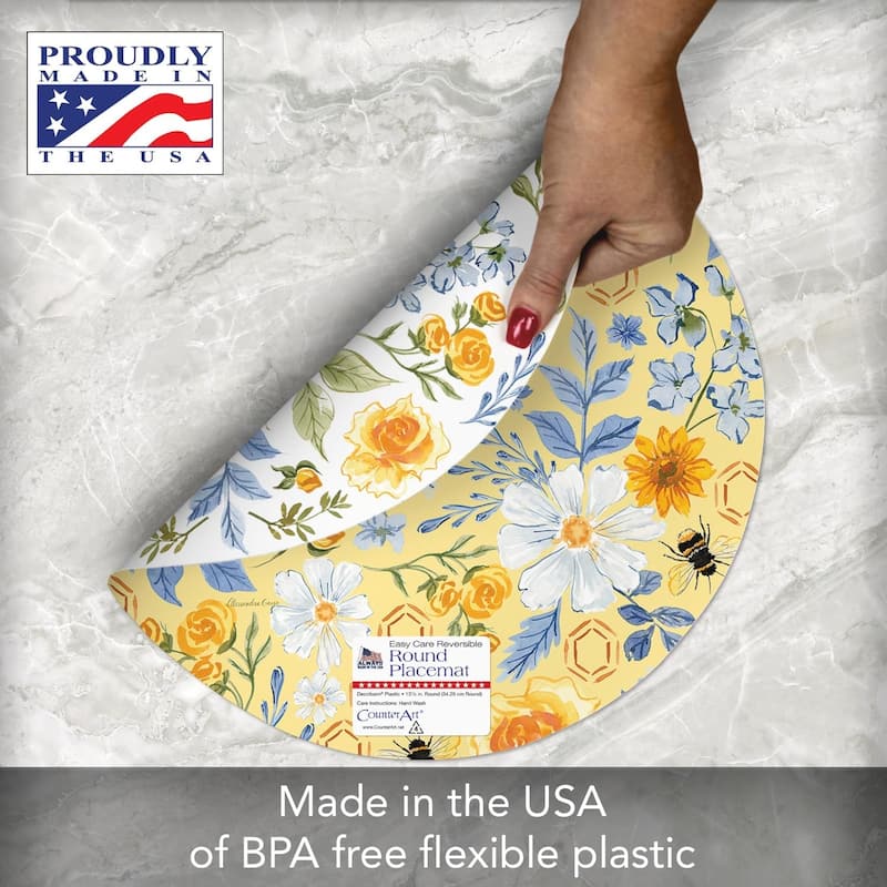 Floral Bee 4 Pack Round Reversible Easy Care Flexible Plastic Placemats Made in The USA Reversible Flexible Easily Wipes Clean