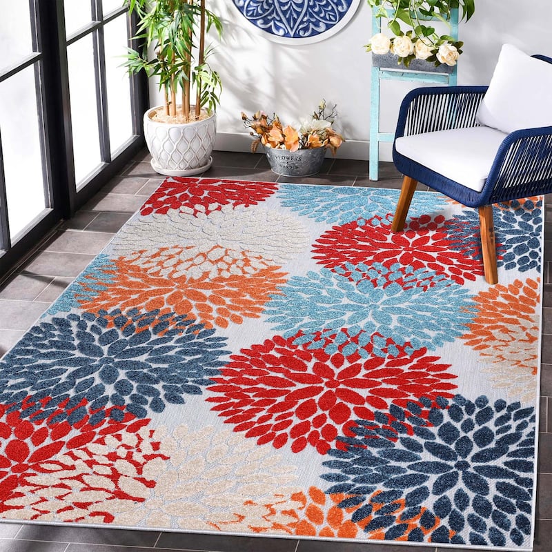 Superior Hydrangea Floral Medallion Indoor Outdoor Area Rug