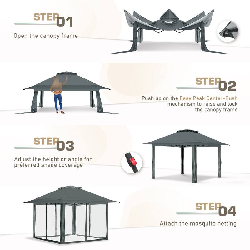 EAGLE PEAK 13x13 Pop Up Gazebo with Mosquito Netting, Easy Up Screened Canopy for Patio and Backyard, Easy Set-up Outdoor Gazebo