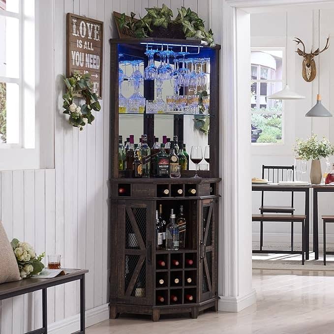 Farmhouse Corner Bar Storage Cabinet, Wine Bar Cabinet, Bar Cabinet - Dark Rustic Oak