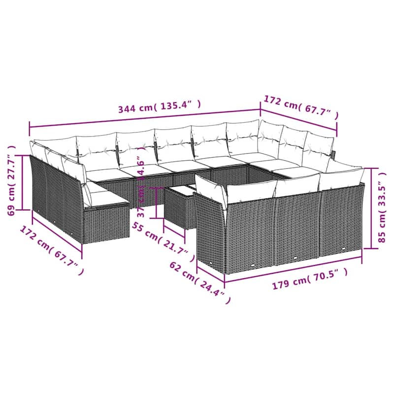 vidaXL Patio Sofa Set with Cushions Outdoor Conversation Furniture Poly Rattan - 21.7" x 24.4" x 27.2"