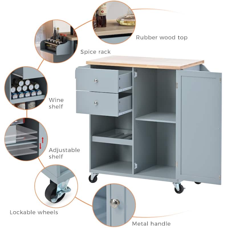 41.3 in. W Kitchen Island Rubberwood Top on 4 Wheels with 2 Drawers and Large Storage Cabinet