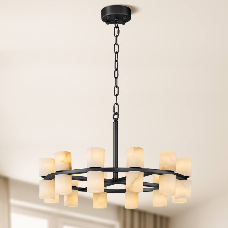 Modern Alabaster Glass Chandelier, Round or Linear Pendant Light with Up & Down Shades, D600-L1370, Copper or Black Finish - 24in - Black