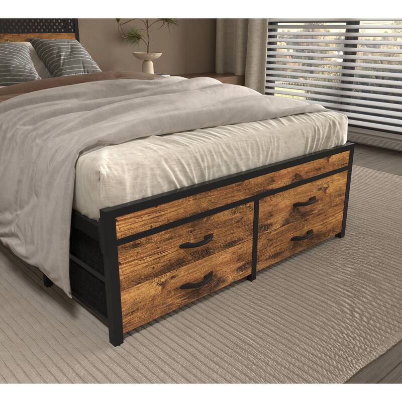 Twin Size Storage Bed with LED Lights, Charging Station & 4 Drawers