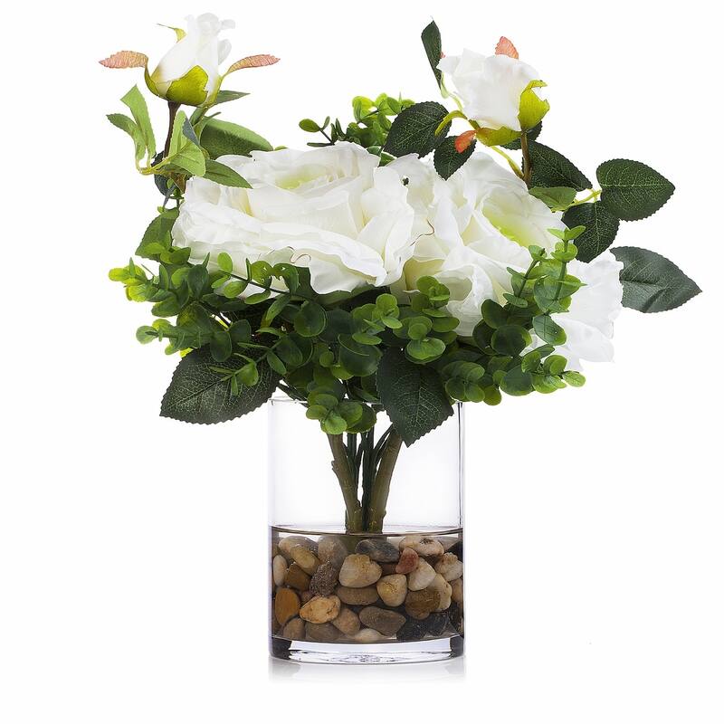 Enova Home 2 Large Artificial Silk Roses Fake Flowers and Mixed Greenery in Clear Glass Vase with River Rock for Home Decoration - White
