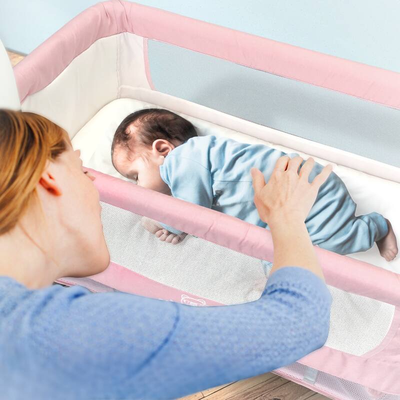 Adjustable Height Baby Bedside Sleeper Crib with Removable Mosquito Net Cover and Wheels
