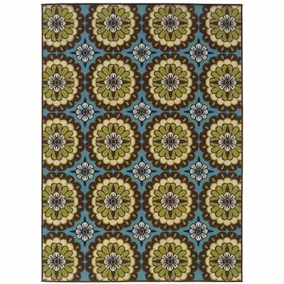 3' X 5' Blue Floral Stain Resistant Indoor Outdoor Area Rug - 6' x 7'