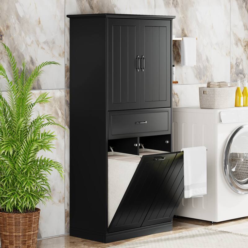 Bathroom Storage Cabinet with Two Laundry Baskets, Storage Cabinet with Doors and Drawer for Home - Black