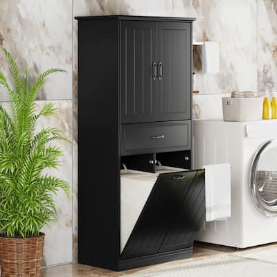Roomfitters Bathroom Storage Cabinet with Double Laundry Hampers, Doors and Drawer Organizer