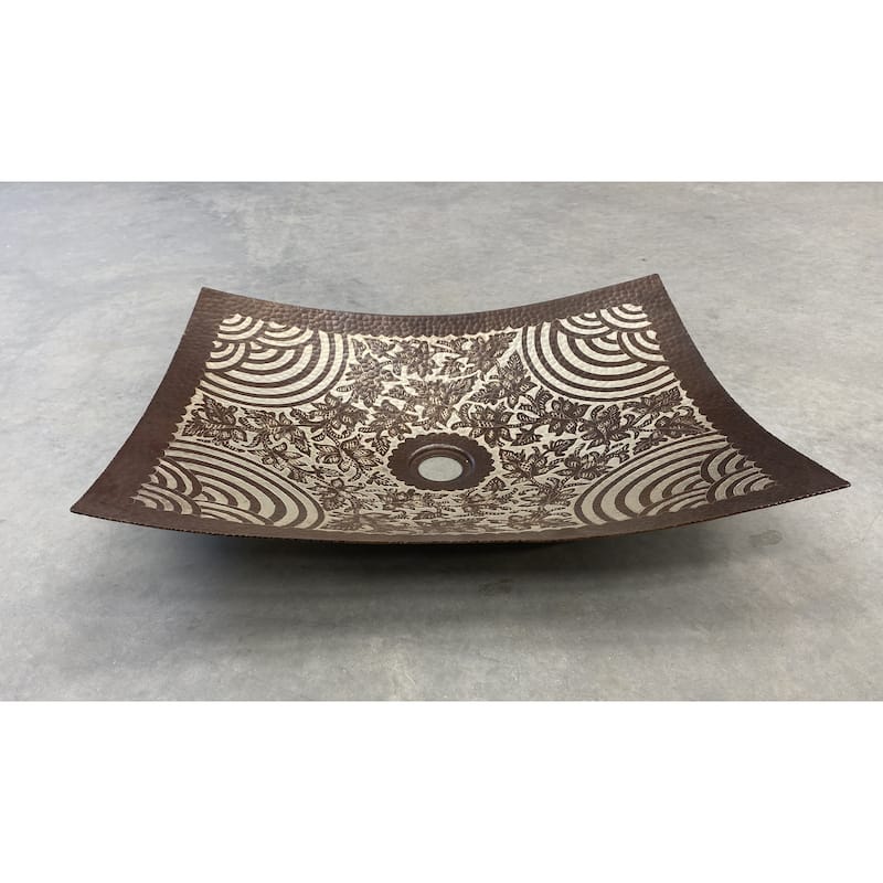 20" Rectangular Copper Vessel Bathroom Sink with Nickel Floral Inlay by SimplyCopper - 20" x 15" x 2.5"