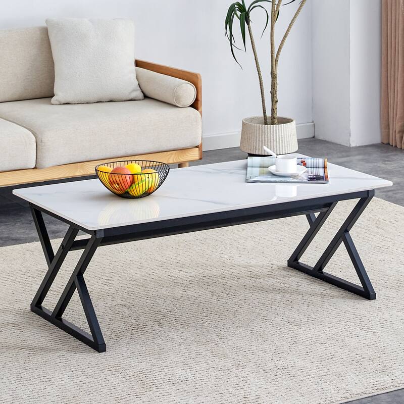 A modern minimalist style marble patterned coffee table with golden metal legs Computer desk Game table Tea table